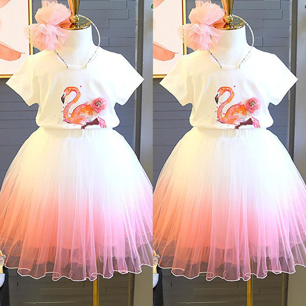 Barn Flickor Flamingo T-shirt Gradient Tutu Tyll Kjol Klänning Set Outfit [ege] 4-5 Years