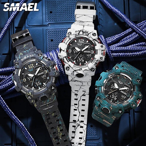 Smael Dual Time Herreur Mode Vandtæt Kvarts Digitalt Armbåndsur Vækkeur LED Baggrundslys Kalenderure 8008 Camo Black