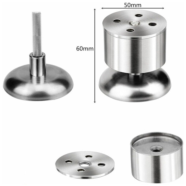 4 kpl säädettävät huonekalujalat - 6 cm ruostumattomasta teräksestä, kumimatto ja ruuvit