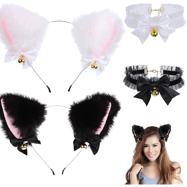 2 st kattöron hår/rosett halsband med klockor katt cosplay kostymer accessoarer kit utklädnad kattfest för flickor daglig dekoration