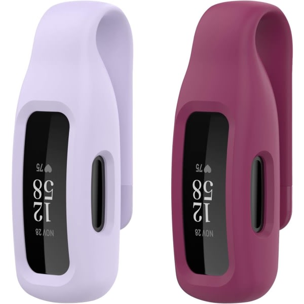 (2-pack) Kompatibel för Fitbit Inspire 2 clips med stålplåt, enfärgad silikon Inspire tillbehörsklämma, vinröd, lavendel
