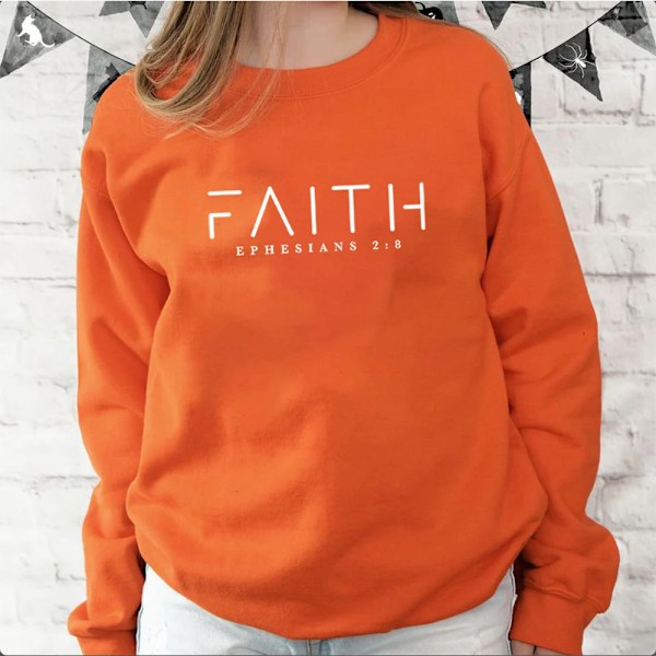 Trendig Faith Sweatshirt Bibelvers T-shirt Kristna Kläder Dam Streetwear Tröja Huvtröja Estetiska Kläder Orange Orange M