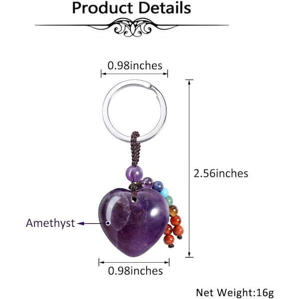Naturlig Ametyst Hjerte Krystall Nøkkelring 7 Chakra Healing Edelsten Nøkkelring Anheng for Kvinner