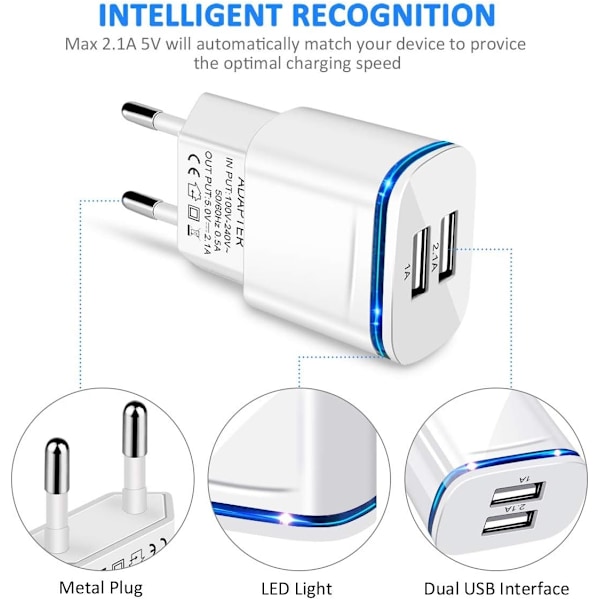 ACY USB Strømkabel Oplader, 3-Pak 2.1A 5V 2-Port Universal LED Adapter til iPhone 11 XR X XS Max 8 7