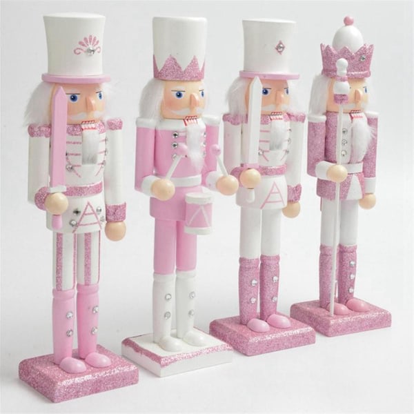 30 cm rosa trä nötknäppare figurin vitt hår strass inlagd docka nötknäppare docka leksak Orname Pink