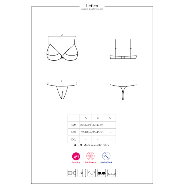 Obsessive Letica, Cupless BH & G-streng uden skridt, sort Sort S/M Black