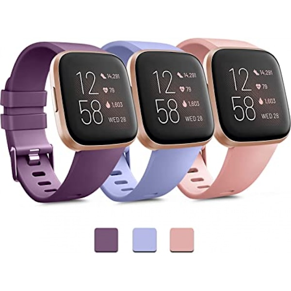 3-PAK Bløde silikonebånd til Fitbit Versa 2 / Fitbit Versa / Fitbit Versa Lite Klassiske justerbare sportsbånd til kvinder og mænd, små og store (uden Tra