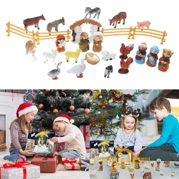 Julekalender med 24 Miniatyrer i Resin, Den Hellige Familie, Magi, Hyrde, Engel, Sau, Stall, Dyr, Gjerde, Ideal C