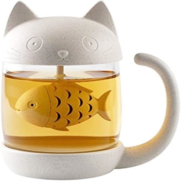 Søt Katt Glasskopp Te-Krus Med Fisk Te-Infuser Sil Filter