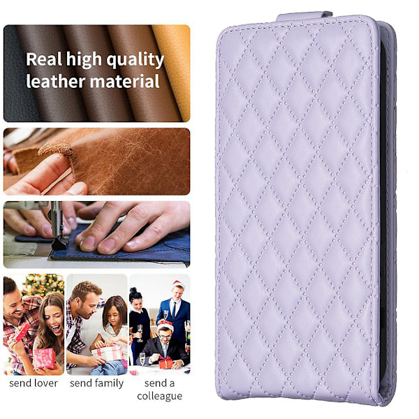 Pystysuuntainen käännettävä iskunkestävä suojakuori iPhone 15:lle, PU-nahkaa, kohokuvioitu puhelinkotelo Purple