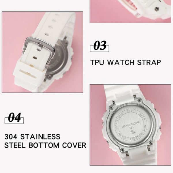 Fyrkantig multifunktionell elektronisk watch, watch 30M vattentät med lysande vit hartsrem（rosa urtavla）