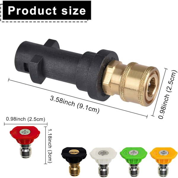 Trykkvaskersadapter for Karcher K2 K3 K4 K5 K6 K7, Karcher hurtigkoblingsadapter med 5 dyser i ulike grader, 1/4'' 2,5 GPM 3000 PSI