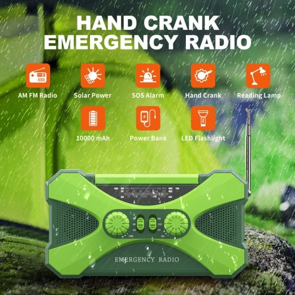 10000mAh Solcellsdriven Nödhandvevradio, med Handvevströmsgenerering, Ficklampa, USB Multifunktionsradio, Grön Grön