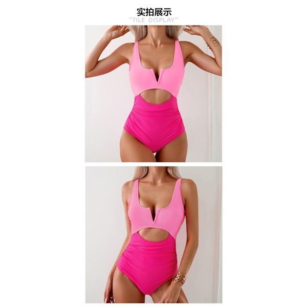 Europæisk og amerikansk stil hurtigtørrende badedragt i ét stykke, patchwork design, slankende og flatterende, trendy damebadedragt Mørk pink Dark pink L