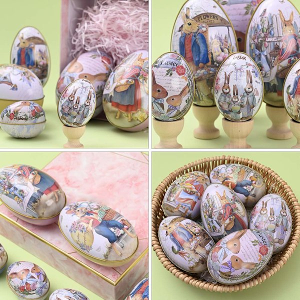6 stk. påskeegg i blikkboks, påskehare metall godteriboks, fyllbare påskeegg, tomme metallskall, kurvfyll leker for barn, påskeeggjakt gaver