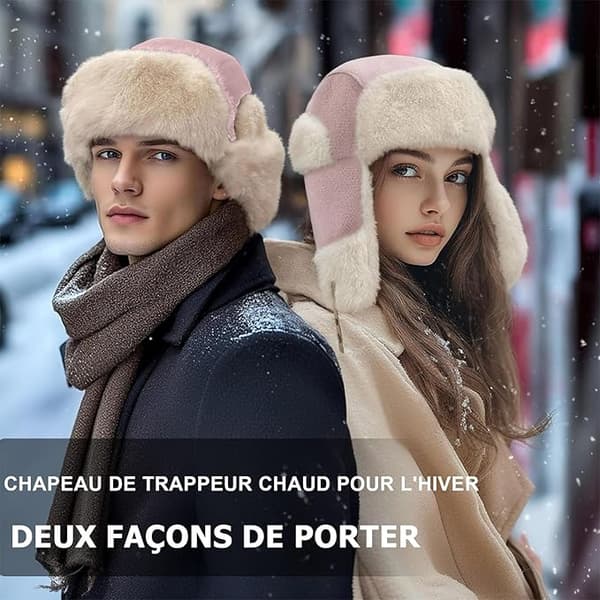 Vinter trapper hat med øreklapper, varm russisk hat til kvinder, trapper hat/skihue til mænd. pink