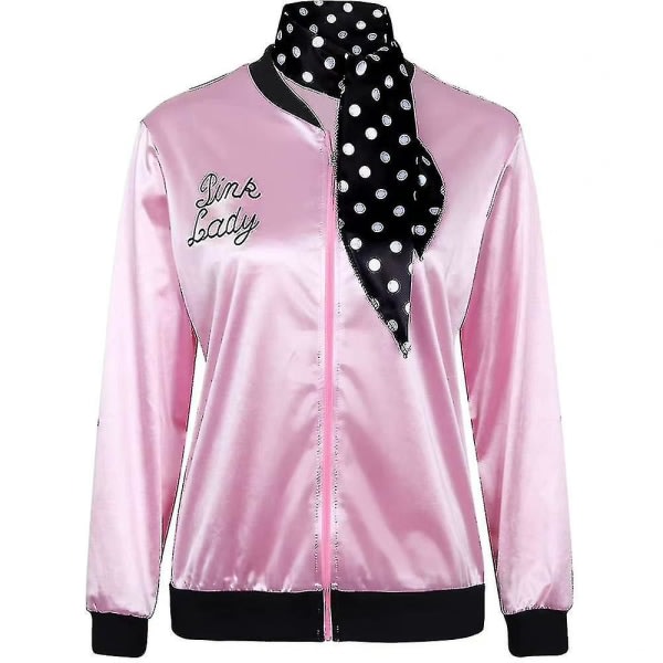 Kvinnor Printed Zip Up Satin Jacka Grease Party Bomber Coat Ytterkläder Med Scarf -sz.15042 2XL