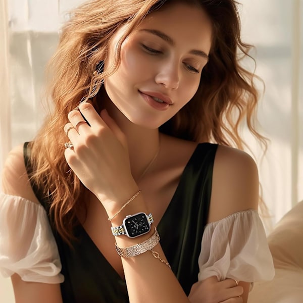 Metallband kompatibelt med Apple Watch 42/44/45/49mm, justerbart för iWatch Series 9 8 7 6 5 4 3 2 1 SE 2/1 Ultra 2/1, Silver/Guld