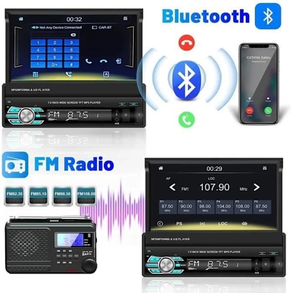 Carplay Bluetooth Bilradio 1 Din GPS 7' Infällbar Touchscreen FM-Radio Handsfree AUX-USB-TF Mirror Link+Fjärrkontroll+Kamera