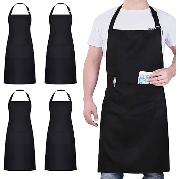 4-pack kockförkläde, svart förkläde med 2 fickor