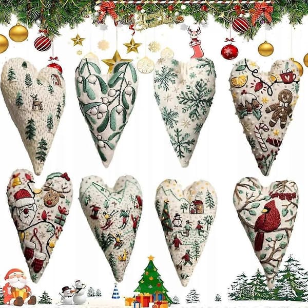 DIY Hjertebroderi Julepynt, Julehjerte Broderisæt 8-dele 8-piece set DIY