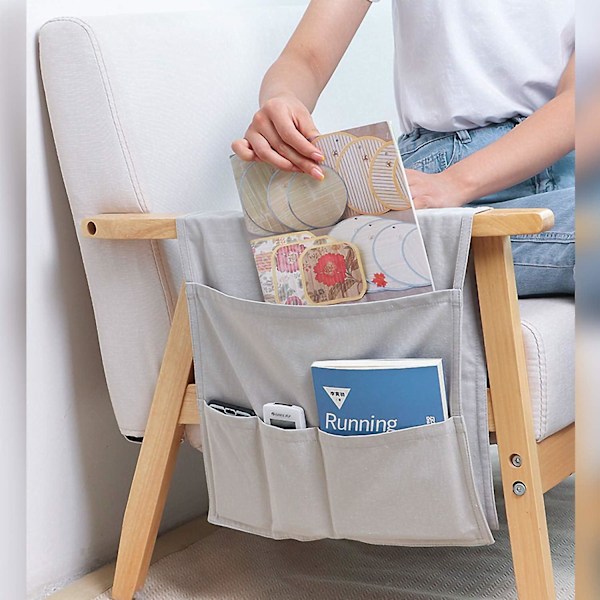 Soffarmstöd Organiserare, Fjärrkontrollhållare, Soffarmstöd Caddy med 5 Fack, Armstöd Hängande Förvaringsväska för Tidningar, Böcker, Glasögon, Grå