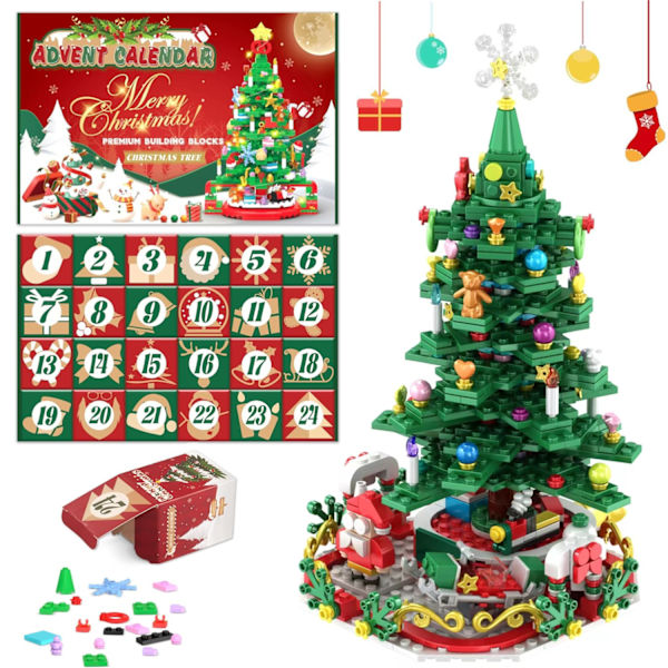 Adventskalender 2024 Juletre Byggesett Leke, 1066 Deler Jul Nedtelling Kalender, 24 Dager Byggklosser