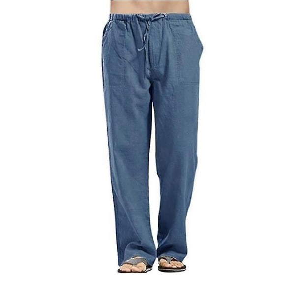 Herr Linnelook Baggy Beach Byxor Breda ben Elastisk midja Casual Loose Harem Byxor Blue XL