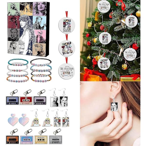 Taylor Swift Julkalender med 24 Julklapper - Akrylpynt og Armbånd - Julklassikere