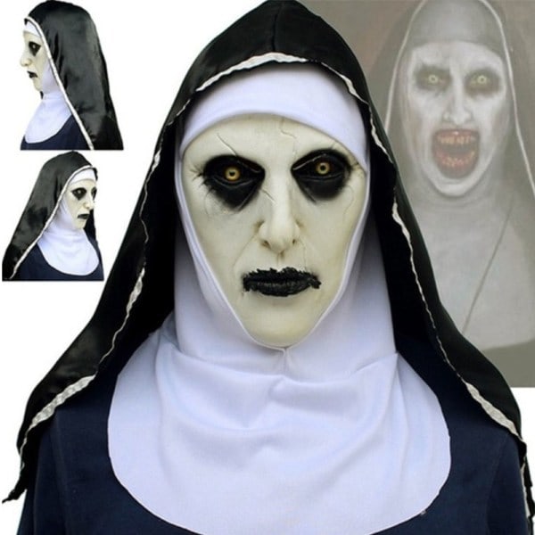 Skummel Nonne Latexmaske med Hodeplagg Valak Cosplay til Halloween Hvit én størrelse