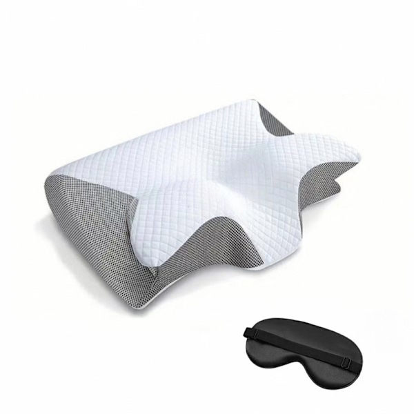 Viskoelastisk Nackkudde, Ergonomisk 2-i-1 Ortopedisk Kudde för Lindring av Nacksmärta, Konturerad Stödkudde, 1 st Ljusgrå (Med Ögonmask){GKS}