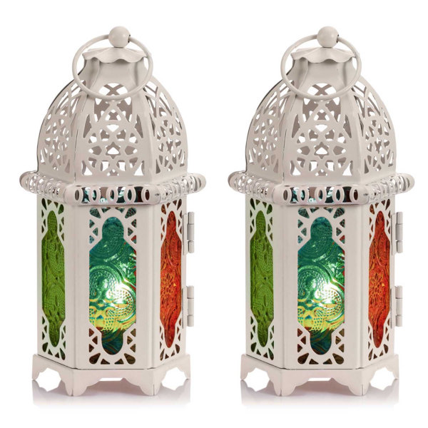 2 ljuslyktor i marockansk stil - små med paneler av målat glas