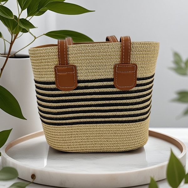 Stråväska för damer, handvävd handväska, lämplig för sommarsemester, strandresor och vardagsbruk (beige svarta ränder) Beige black stripes