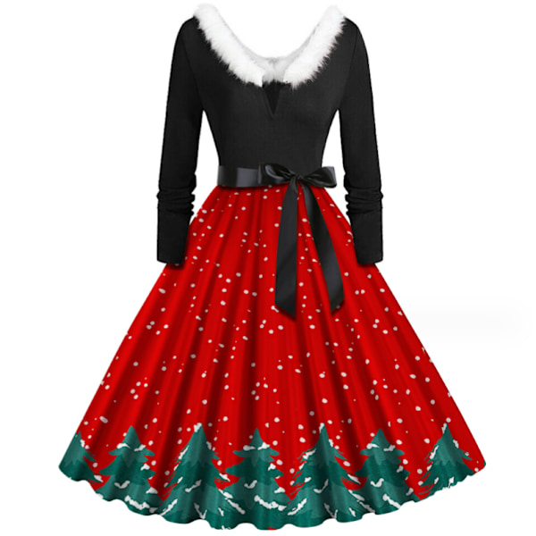 Naisten joulumekko V-kaula-auksella, vintage-painatus, pitkä tyyli 5 Style5 Style5 XL