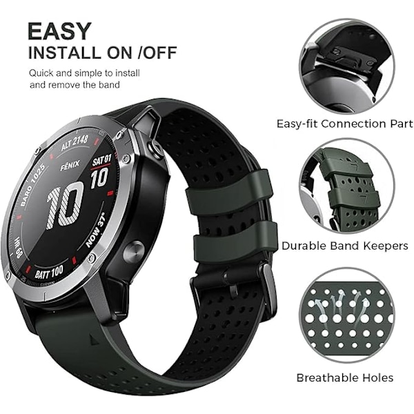 Quickfit 26mm Silikoninen Pehmeä Urheilu Vedenpitävä Hengittävä Ranneke Garmin Fenix 5X Plus, Fenix 6X Pro/Sapphire, Enduro, Tactix Bravo -kelloille greenish black
