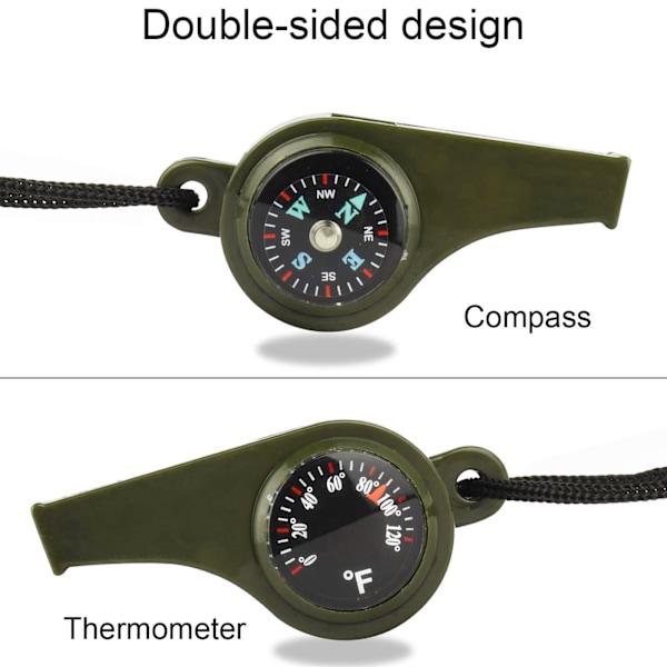 Praktisk 3 i 1 överlevnads visselpipa, kompass, termometer Dark green