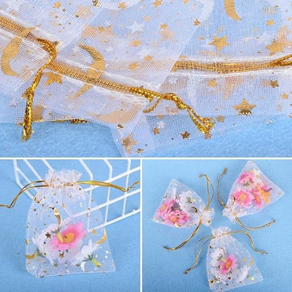 100 stk organza poser (9 * 12 cm) slikposer smykkeposer slikposer stjerne-måne mønster varmtryk for fest bryllup slik chokolade jul fødselsdag