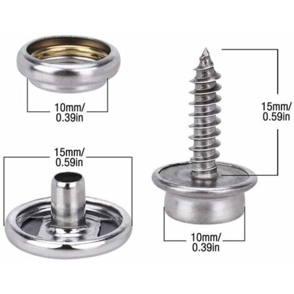 Trykknapper, 150 stk. Rustfrit stål Skruetrykknapper 15 mm Metal Trykknapper Sæt med 2 fastgørelsesværktøjer