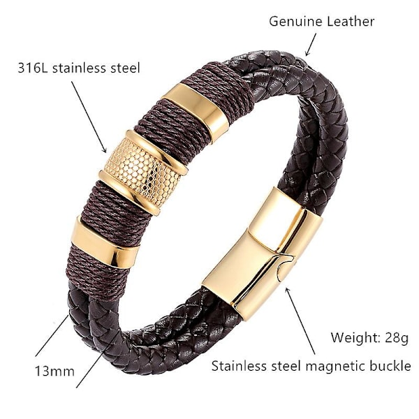 Vävd Läderrep Special Style Klassisk Rostfritt Stål Herrar Läderarmband Dubbellager Design B