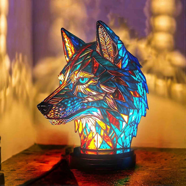 Bordlampe i farget glass formet som dyr, bohemsk harpiksdyrelampe for soverom, stue, hjemmekontor, dekorasjonsgave [GKS] Wolf