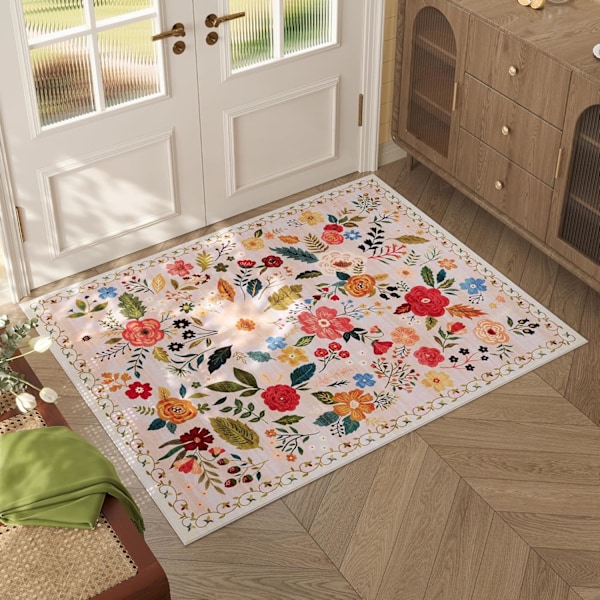 Ovi Matto Sisäkäyttöön 2x3 Matto Konepesu Boho Kukallinen Pieni Alue Matto Liukumaton Matala Pinoa Heitto Matot Eteiseen, Keittiöön, (Beige)