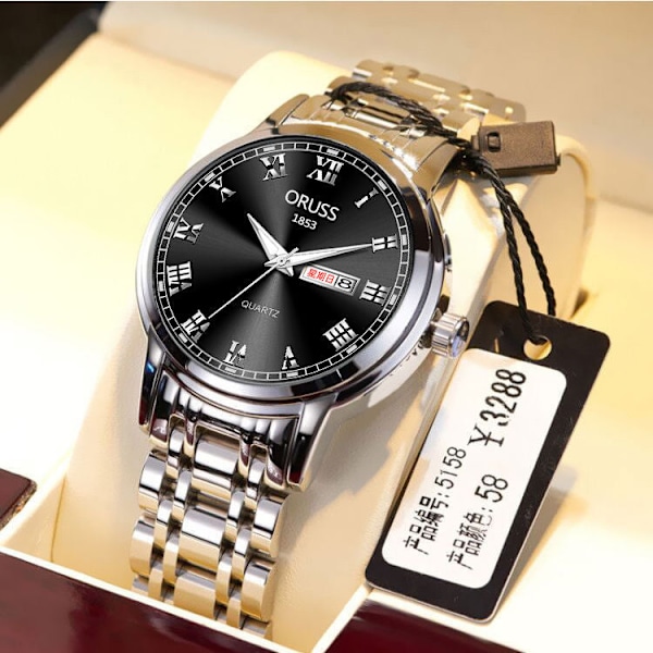 Automatisk Mekanisk Herreur Kalender Selvlysende Vandtæt Rundt Almindeligt Glasspejl Armbånd{GKS} Roman silver black surface