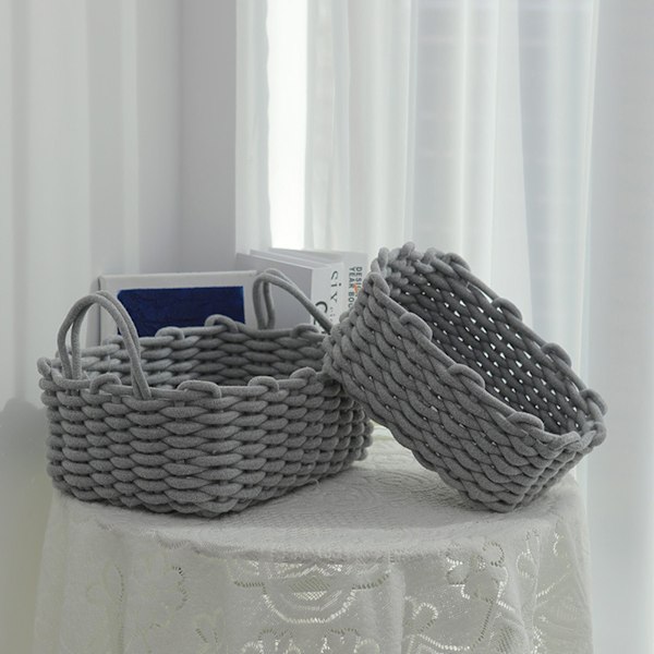 Bomullstau Oppbevaringskurv Håndstrikket Nordisk Stil Skrivebord Oppbevaringsarrangør for Nøkkel Snacks Undertøy Grå 36x25x15cm/14.2x9.8x5.9in