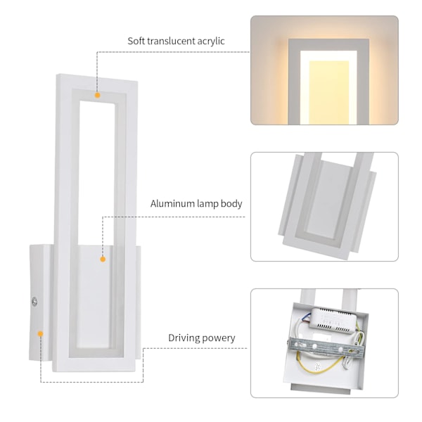 16W Yksinkertainen Neliö LED-seinävalaisin, Moderni Dekoratiivinen LED-valaistus Seinävalaisin Valonheitin Olohuoneeseen, Makuuhuoneeseen, Eteiseen Lämmin Valkoinen 3000K