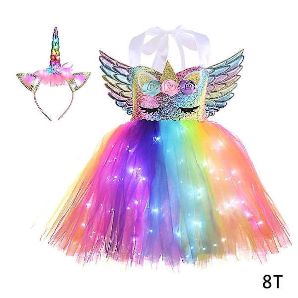 Barn Glödande Enhörning Kostym Barn Färgglada LED-ljus Paljetter Födelsedagsfest Klänningar Glittrande Prinsessa Cosplay Klänning 8T 8T White Light Colored