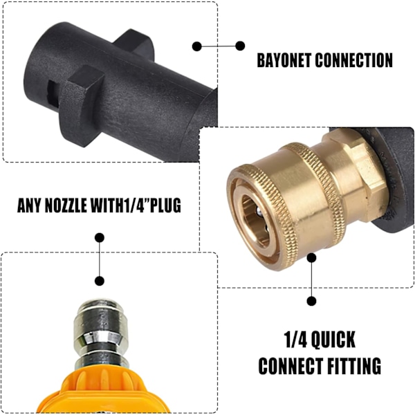 Trykkvaskersadapter for Karcher K2 K3 K4 K5 K6 K7, Karcher hurtigkoblingsadapter med 5 dyser i ulike grader, 1/4'' 2,5 GPM 3000 PSI