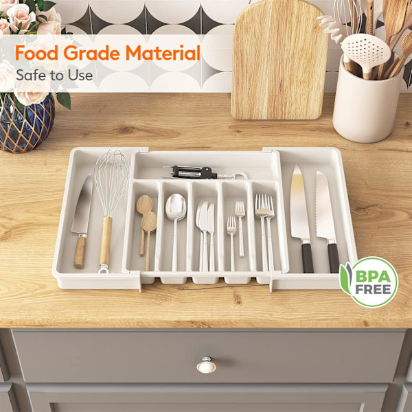 Sølvbestik Skuffe Organizer, BPA Fri Bestik Holder, Justerbar Plastik Opbevaring til Skeer Gaffler Knive, Stor, Hvid White