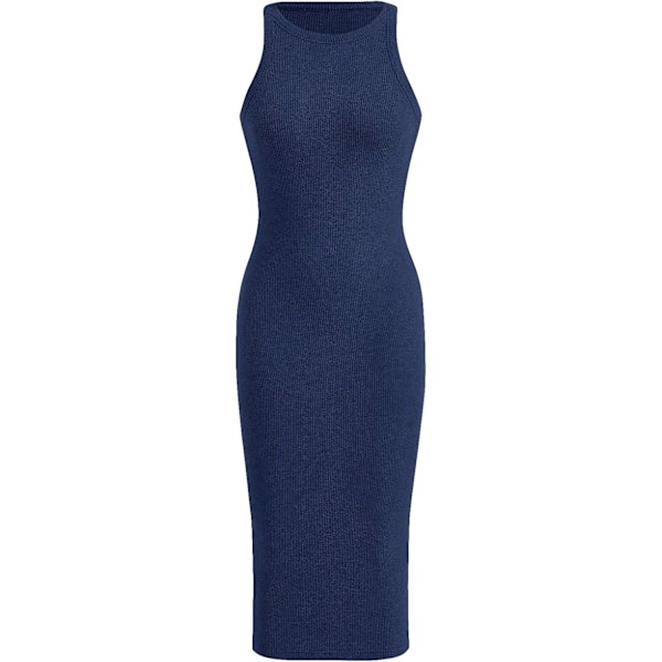 dusa Women's Basic Ribbed Knitted Sleeveless Midi Tank Dress Crewneck Knitted Bodycon Dress Navy Blue Medium