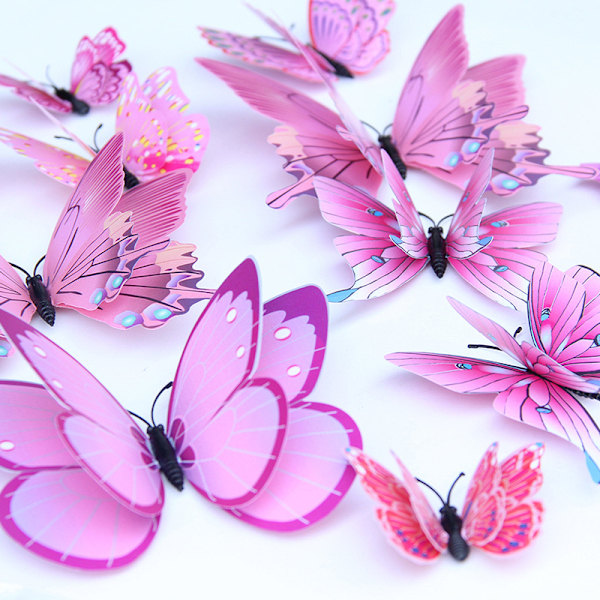 Avtakbar 3D sommerfugl veggklistremerke dekorasjon (dobbelt lag - rosa/12 stk) Pink