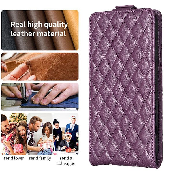 Vertikalt Vändbart Stöttåligt Skal för Iphone 15 PU Läder Präglat Telefonfodral Dark Purple